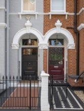 Victorian entrances, black and burgundy doors, black and white tile pattern, Kensington, London,