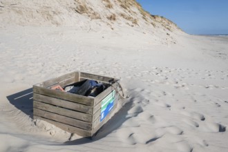 Waste collection point, wooden crate, beach, Hvide Sande, North Sea, Denmark
