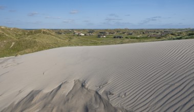 Dunes, wave pattern in the sand, holiday settlement, blue sky, Hvide Sande, North Sea, Denmark