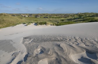Dunes with beach grass, wave pattern in the sand, holiday settlement, blue sky, Hvide Sande, North