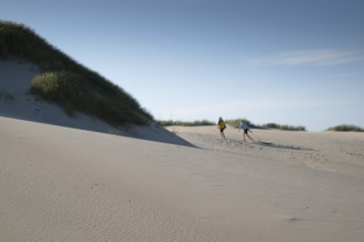 Wide dune landscape with two people, open sky and soft colours, Hvide Sande, North Sea, Denmark