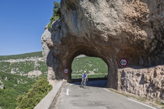 Road and rock arch, Gorges de la Nesque, Vaucluse, Provence-Alpes-Cote dAzur, South of France,