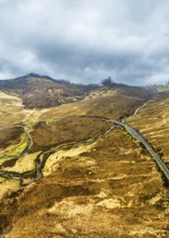 Panorama of Eas a' Bhradain Waterfall from drone, Red Cuillin mountains, Loch Ainort, Isle of Skye,