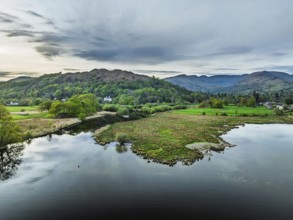 Sunset over Windermere Lake from a drone, Ambleside, Lake District, Cumbria, England, United