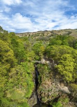 Aira Force Waterfall from drone, Ullswater Lake, Lake District National Park, Cumbria, UK