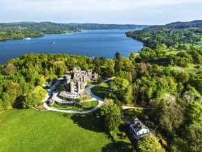 Wray Castle from a drone, Lake Windermere, Ambleside, Lake District, Cumbria, England, United