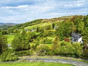 Farms and Fields from a drone, Townend house, Troutbeck, Windermere, Lake District, Cumbria, UK