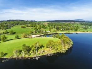 Farms over Esthwaite Water from drone, Lake District National Park, Cumbria, UK