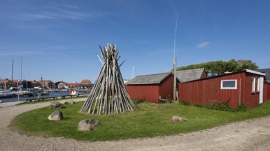 Shed, harbour with boats and red houses, Ringkøbing, Ringkøbing Fjord, Denmark