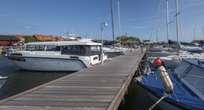 Boats and yachts at the jetty in a harbour, Ringkøbing, Ringkøbing Fjord, Denmark