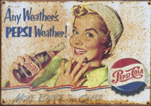 Vintage Pepsi advertising sign showing smiling woman in nostalgic style, Ringkøbing, Ringkøbing