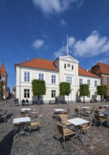 Square with tables, chairs, Town Hall, Old Town, Ringkøbing, Ringkøbing Fjord, Denmark