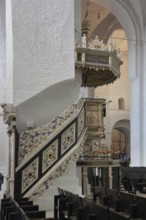 Renaissance pulpit with pulpit cover and decorations built in 1586, interior view, architectural