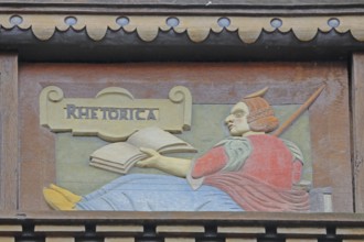 Allegorical woodcarving with figure on rhetoric, speaking, book, Renaissance, allegory, symbol,