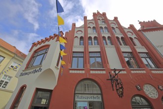 Ratsapotheke, view upwards, inscription, Wismar, Mecklenburg-Western Pomerania, Germany