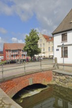 Bridge over the Grube canal with historic half-timbered houses, red vault, Frische Grube, Wismar,