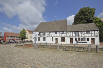 Historic half-timbered houses, vaults, Frische Grube, Wismar, Mecklenburg-Vorpommern, Germany
