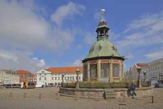Renaissance water art with dome and classicist town hall, landmark, market square, Wismar,