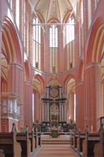 Interior view of the Gothic UNESCO St. Nikolai Church, chancel, Brick Gothic, Brick church, Wismar,