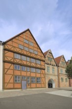 Half-timbered houses, brick building, gatehouse, passageway, Schlachtermarkt, Schwerin,