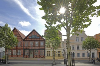 Backlit slaughterhouse market, brick buildings, houses, Schwerin, Mecklenburg-Western Pomerania,