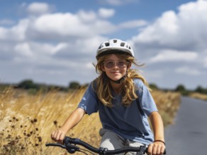 A girl with a bicycle helmet rides a bicycle and smiles friendly into the camera, AI generated, AI