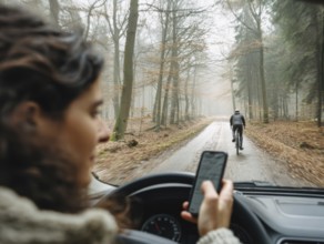 A car driver looks at her smartphone while driving and puts herself and the cyclist in front in