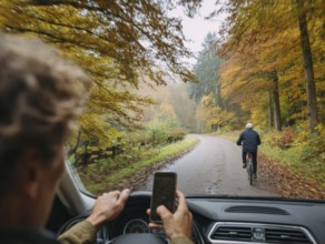 A car driver looks at his smartphone while driving and puts himself, the cyclist in front and