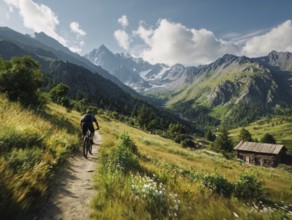A single mountain biker quickly rides a trail in the high mountains, motion blur, AI generated, AI