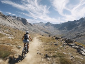 A single female mountain biker quickly rides a trail in the high mountains, motion blur, AI
