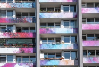 High-rise residential building, in Essen-Steele, with colourfully designed façade, balcony