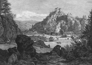 Castle Rabeneck around 1850, high medieval aristocratic castle, above the valley of the Wiesent in