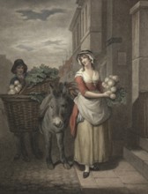 Young woman, greengrocer with turnips and carrots, in a basket on a donkey, goes from house to