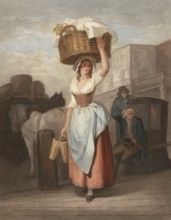 Young woman, merchant with a large basket on her head, on her way to market, England, c. 1790,