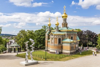 Sculpture by Tony Cragg and Russian Chapel, Mathildenhöhe Darmstadt, artists' colony, Darmstadt,