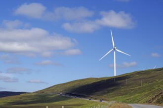 Single wind turbine on a hill next to a road under a blue sky, Mainland, Shetland Islands,