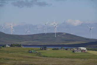 Wind farm on green hills under blue sky with clouds, rural environment, Shetland Islands, Scotland,