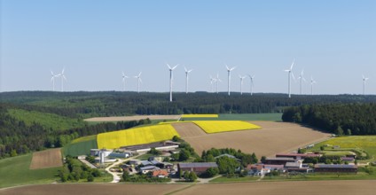 Idyllic landscape with wind turbines and blossoming rape fields in a small village, near