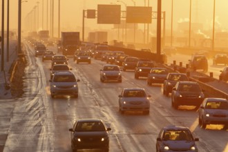 Traffic entering the city of Montreal at sunset, Traffic jam, Province of Quebec, Canada, North