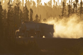 Transport truck driving on a dusty forest track, Province of Quebec, Canada, North America