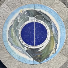 Top view of orientation board with description of mountain peaks on stone pedestal at viewpoint on