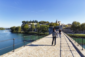 Strollers on the Pont Saint Benezet, Pont d'Avignon, Avignon Cathedral, Avignon, Vaucluse, France