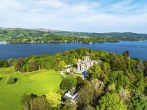 Wray Castle from a drone, Lake Windermere, Ambleside, Lake District, Cumbria, England, United