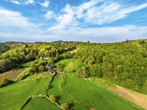 Farms over Coniston Water from drone, Lake District National Park, Cumbria, UK