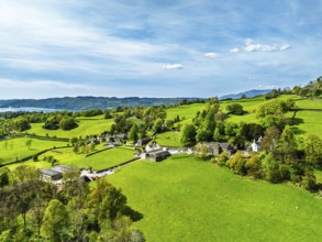 Farms and Fields from a drone, Townend house, Troutbeck, Windermere, Lake District, Cumbria, UK