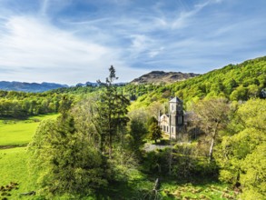 Holy Trinity Church from a drone, Bog Lane, Brathay village, Lake District, Cumbria, England,