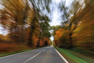Country road through autumn forest, autumn leaves, oncoming traffic, cloudy weather, zoom effect,