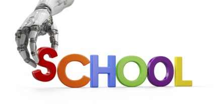 Robotic hand placing magnetic plastic letter down next to other letters to spell school isolated on