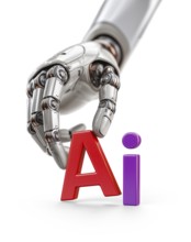 Robotic hand placing magnetic plastic letter down next to the letter i to spell ai for artificial