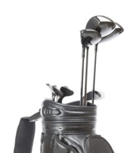 Black leather golf bag with A set of golf clubs isolated on a white background